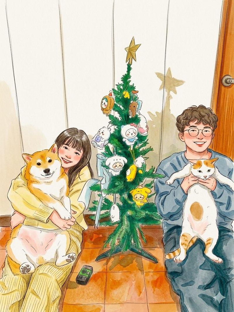治愈系圣诞氛围手绘水彩插画