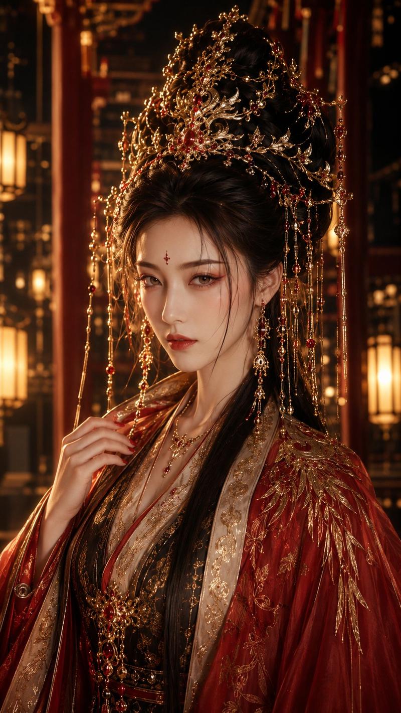 绛红金饰古风仙侠女主角色海报