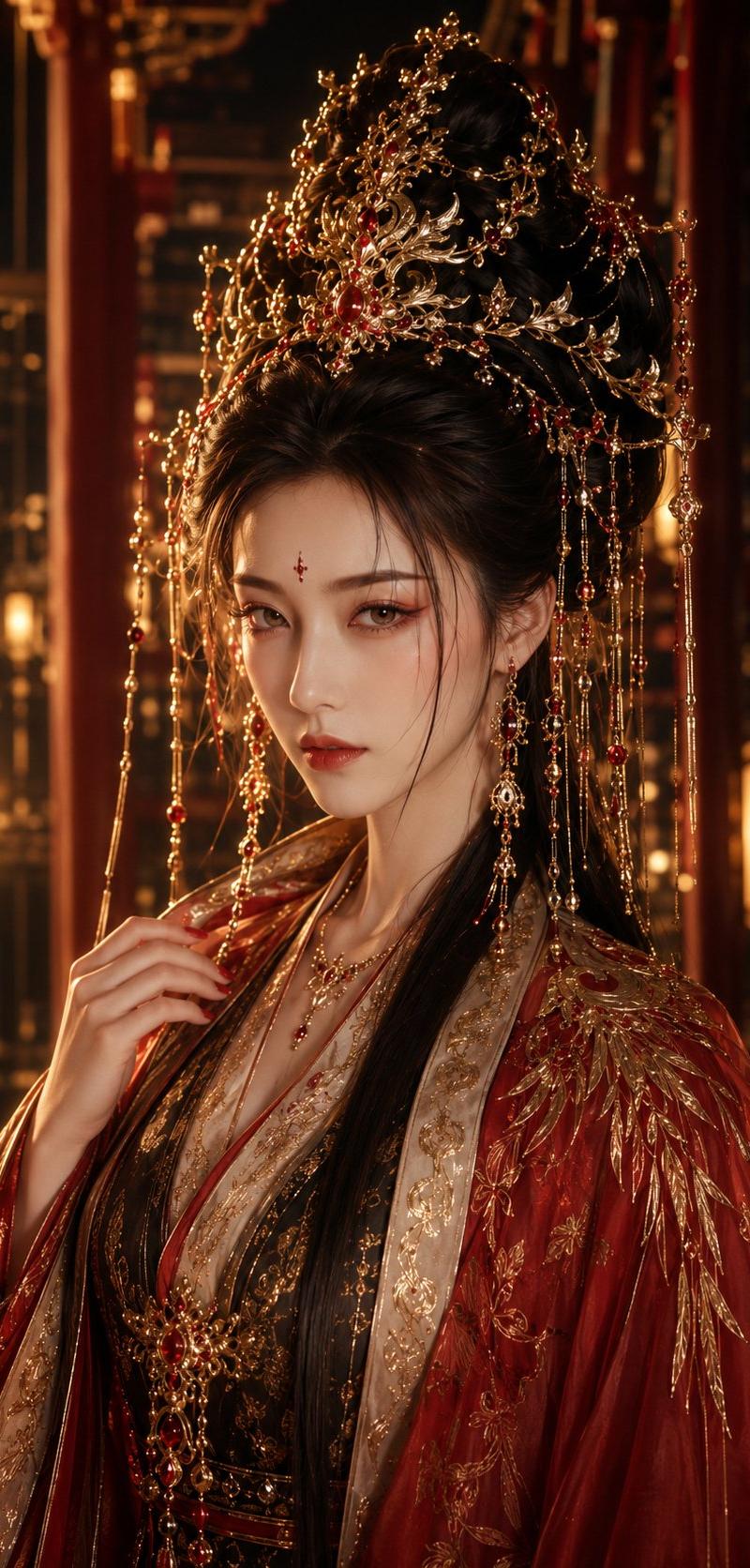 绛红金饰古风仙侠女主角色海报