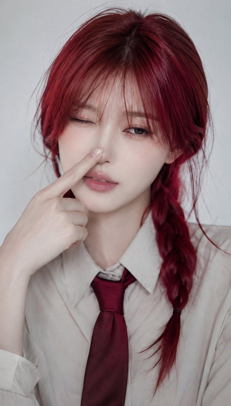 红发麻花辫职场美女单眼眨眼特写