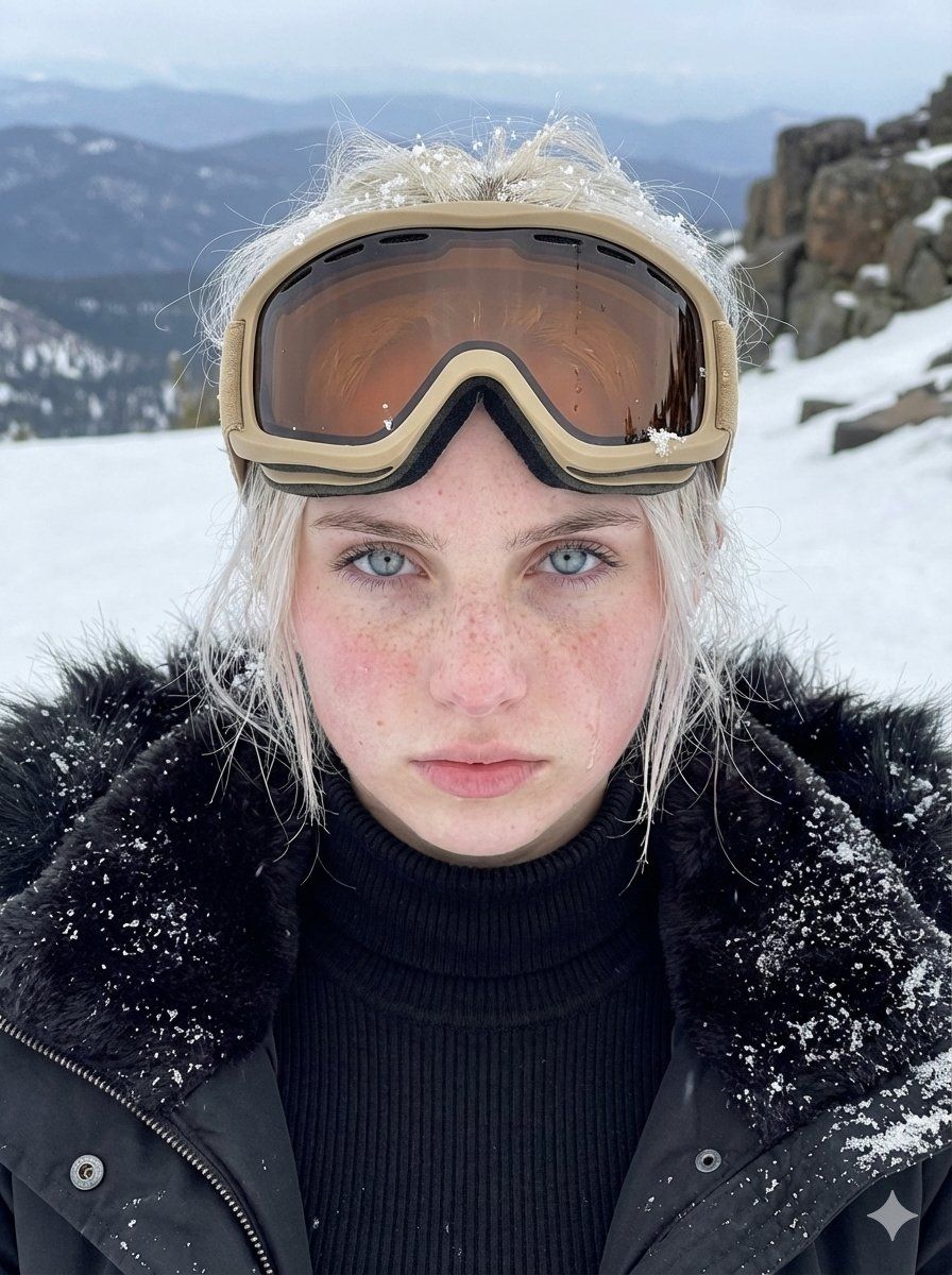 晶蓝眼眸的北欧雪山滑雪少女特写