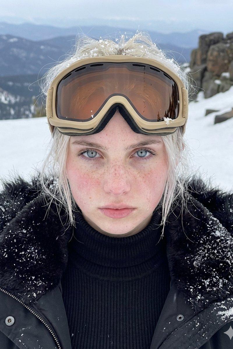 晶蓝眼眸的北欧雪山滑雪少女特写