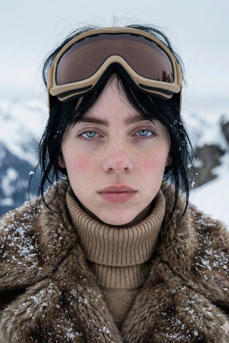 冰雪中水晶蓝眼眸的北欧少女特写