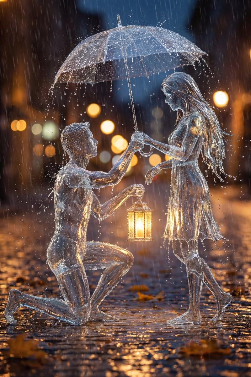 晶莹水滴凝结而成的唯美浪漫雨夜恋人