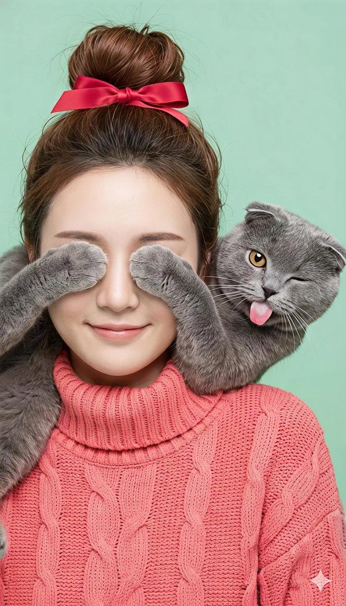 萌猫捂眼猜猜看的治愈系少女肖像