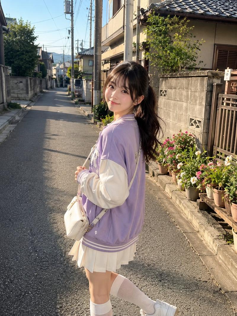 阳光街头淡紫色夹克可爱日系少女