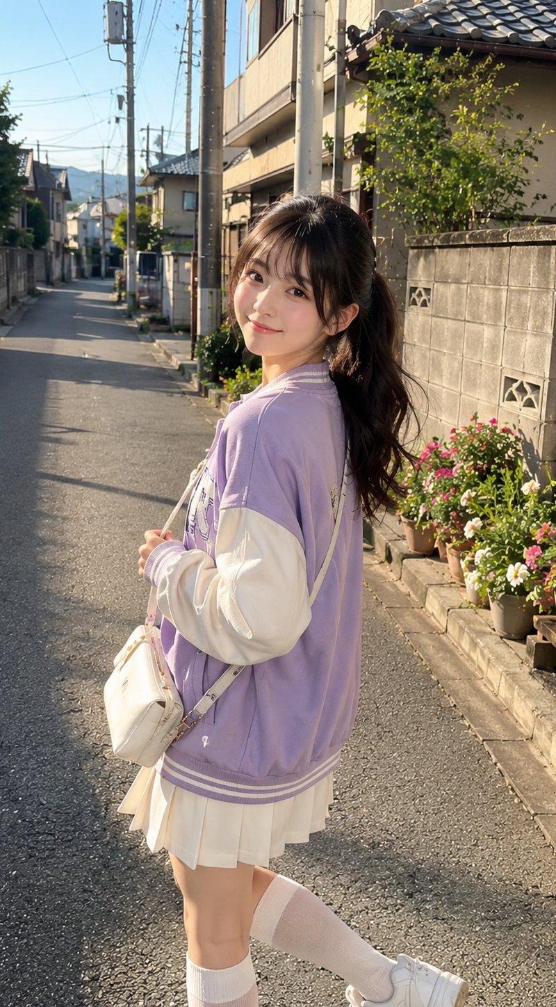 阳光街头淡紫色夹克可爱日系少女