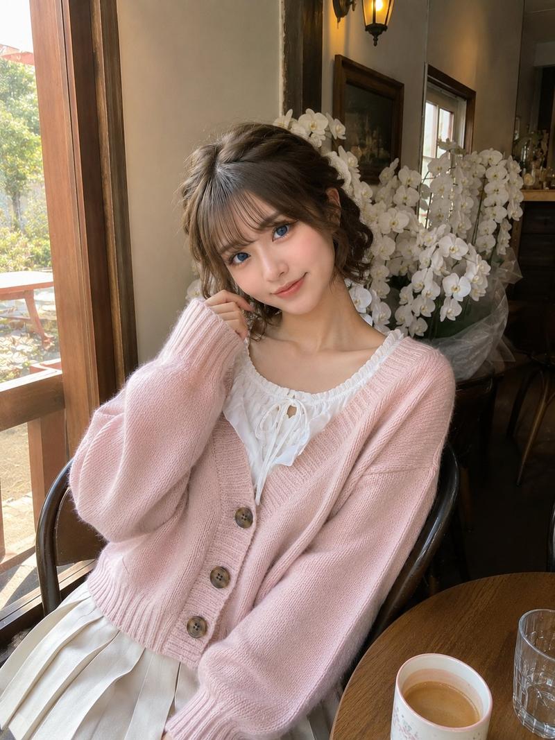 咖啡馆里的粉色针织衫甜美少女手势比心