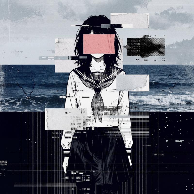 赛博故障艺术水手服少女数字拼贴