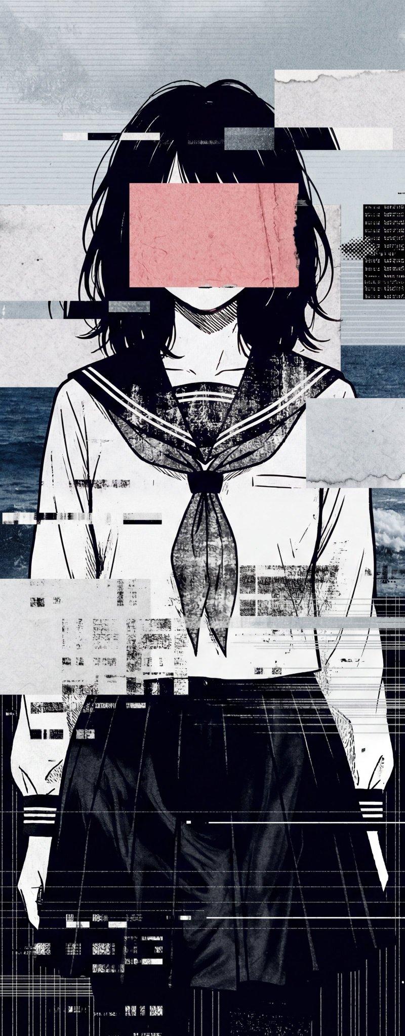 赛博故障艺术水手服少女数字拼贴