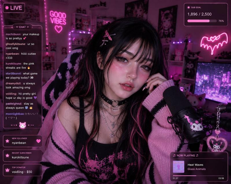 赛博霓虹粉色电竞少女直播