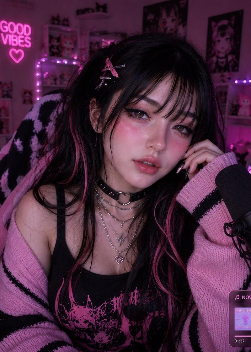 赛博霓虹粉色电竞少女直播