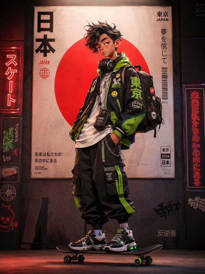 赛博朋克东京街头潮酷滑板少女人像