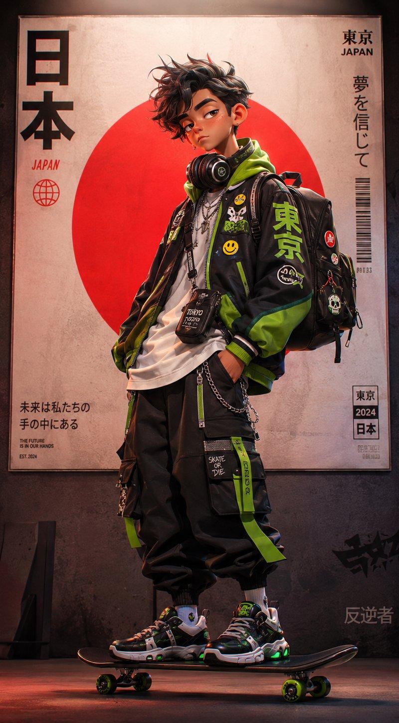 赛博朋克东京街头潮酷滑板少女人像