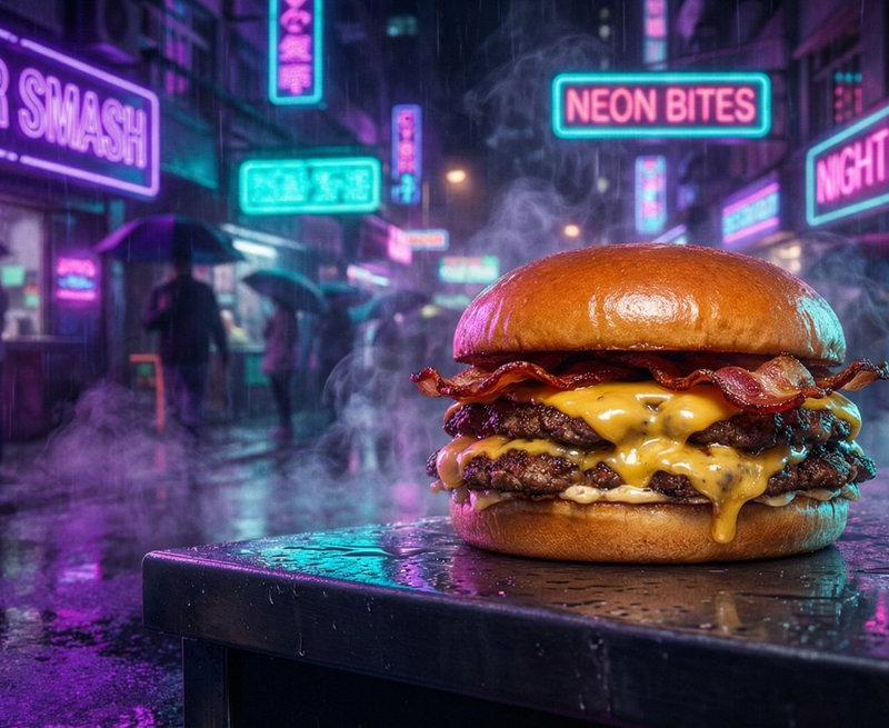 赛博朋克霓虹光影下的深夜街头美食