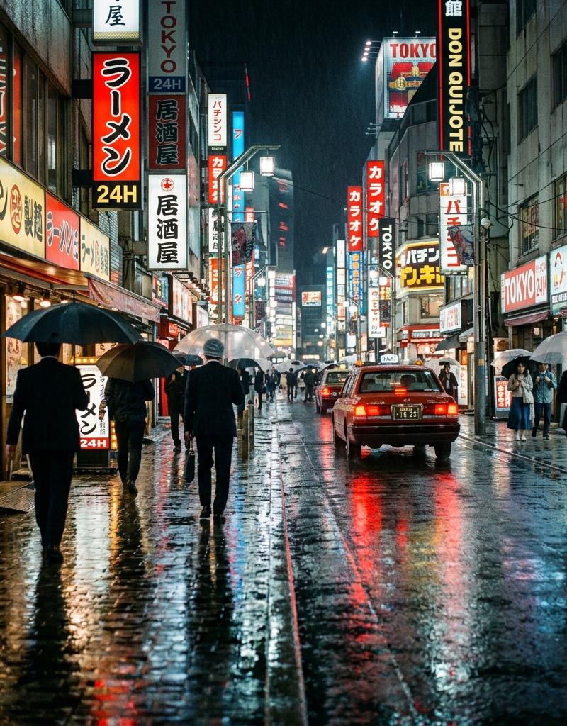 赛博朋克风东京雨夜霓虹街道