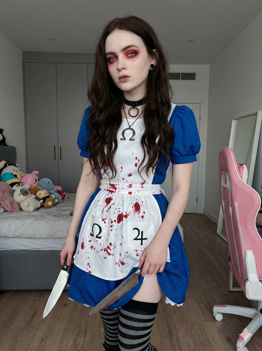 暗黑童话爱丽丝手持利刃的现代卧室Cosplay