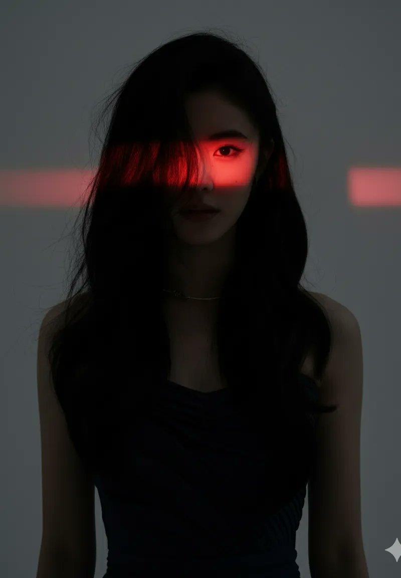 暗影中红色激光带映照下的冷峻少女