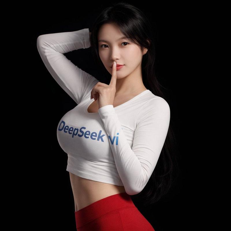 纯黑背景下DeepSeek品牌少女的迷人嘘声侧颜