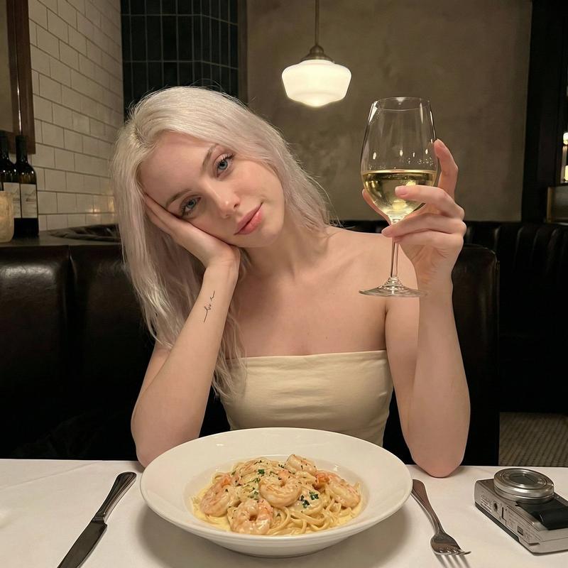 微光晚餐下的金发少女举杯自拍
