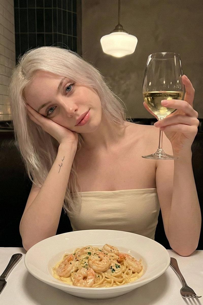 微光晚餐下的金发少女举杯自拍
