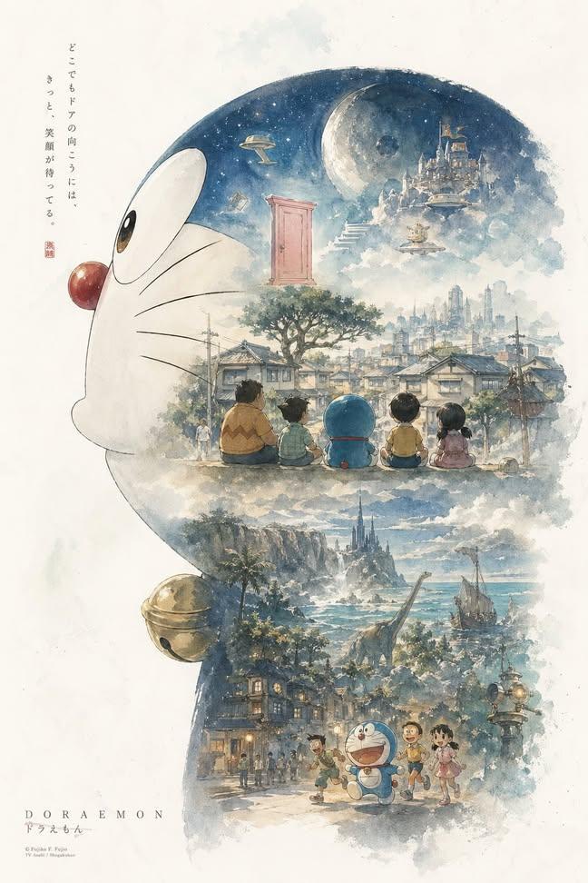 哆啦A梦头部剪影梦幻层叠水彩插画