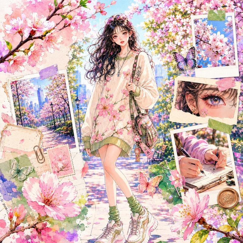 梦幻日韩水彩风春季樱花少女拼贴海报