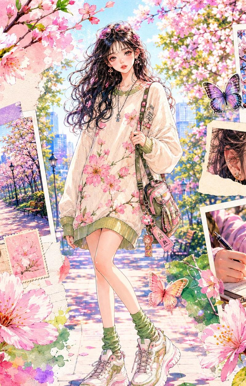 梦幻日韩水彩风春季樱花少女拼贴海报