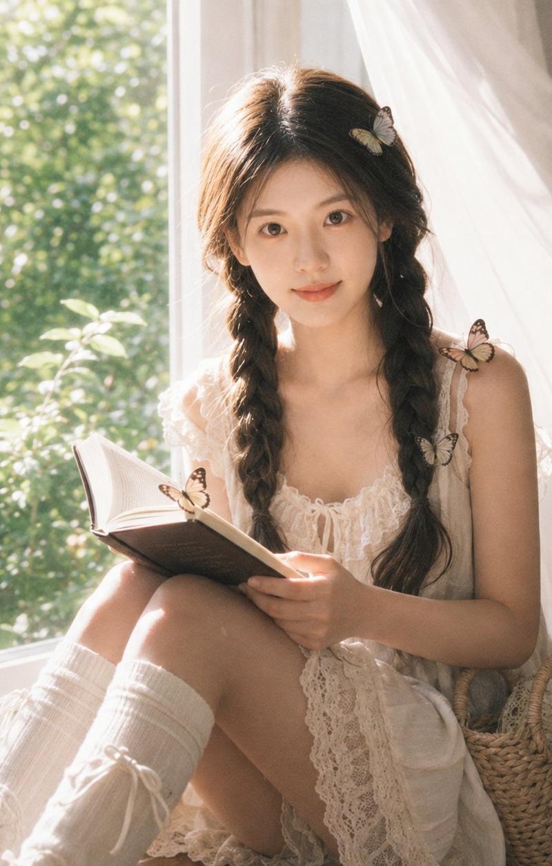 阳光窗边读书少女与蝴蝶梦幻胶片感