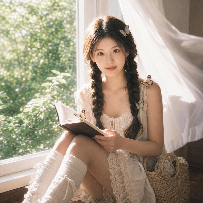 阳光窗边读书少女与蝴蝶梦幻胶片感