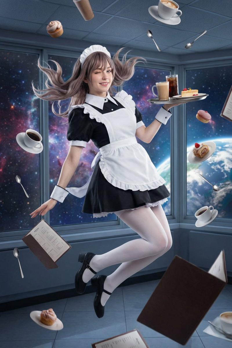 梦幻失重漂浮在空中的绝美女仆