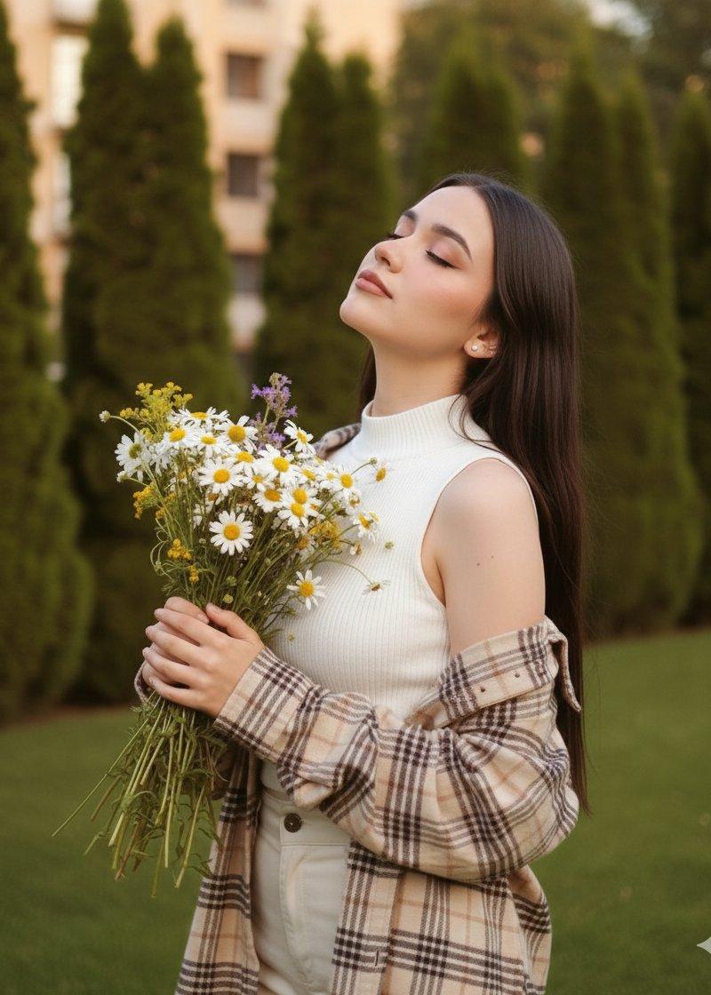 黄昏光影下沉醉花香的唯美森系少女