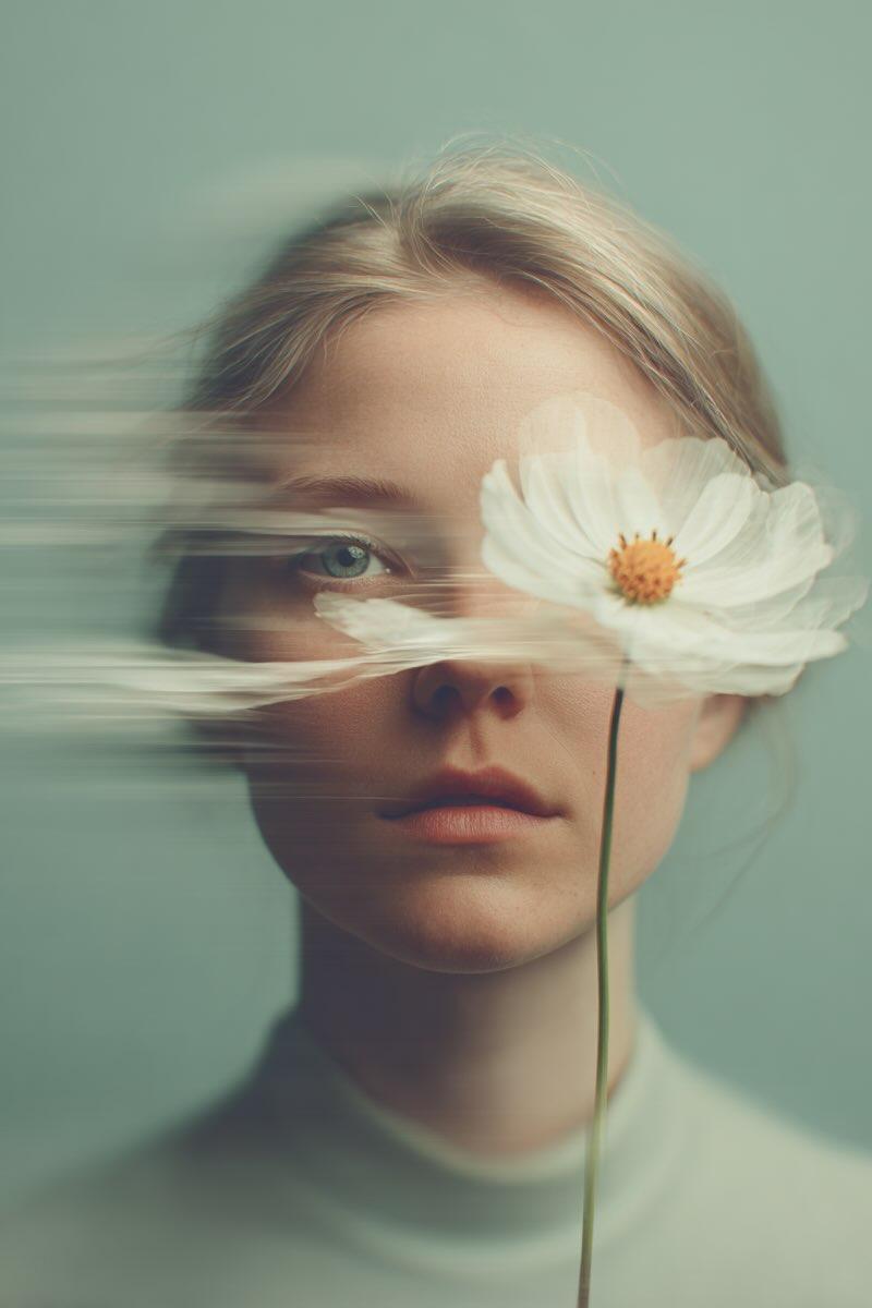 灰绿花影中梦幻少女肖像