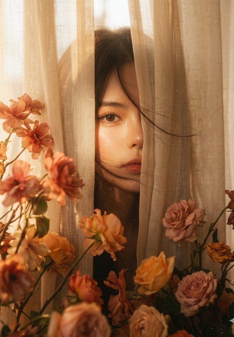 窗帘与花影间的朦胧记忆人像