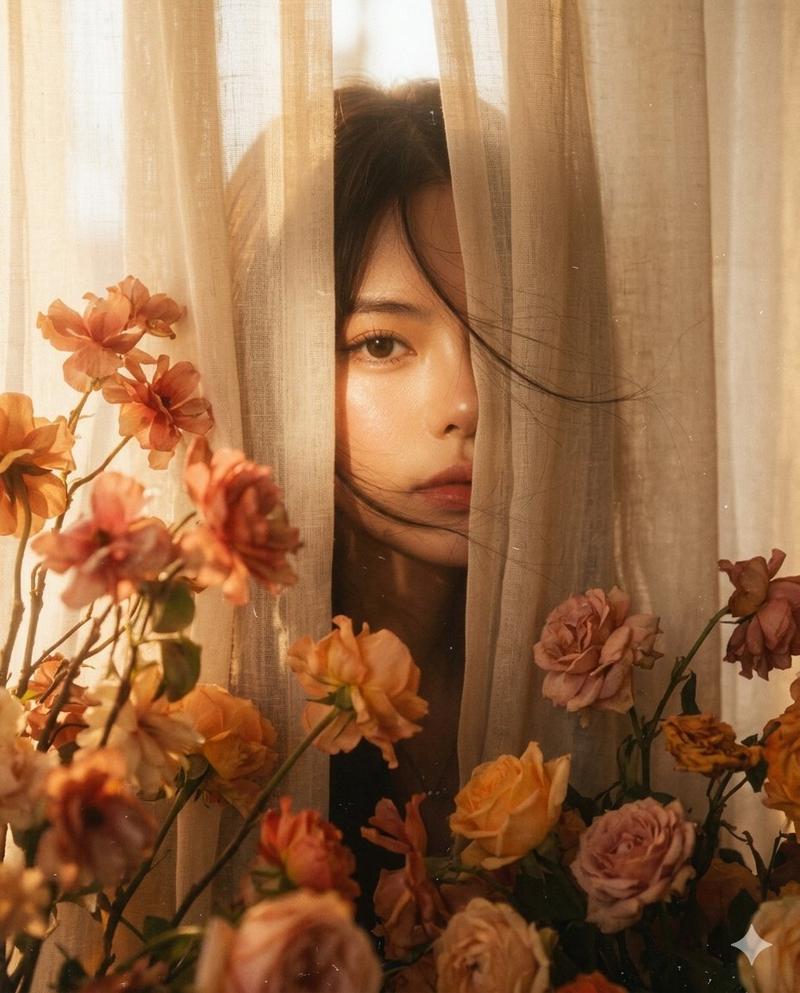 窗帘与花影间的朦胧记忆人像