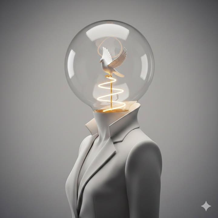 梦幻光影中栖息在灯泡里的纯白飞鸟与人像