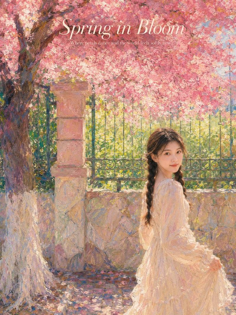梦幻春季樱花印象派油画人像海报