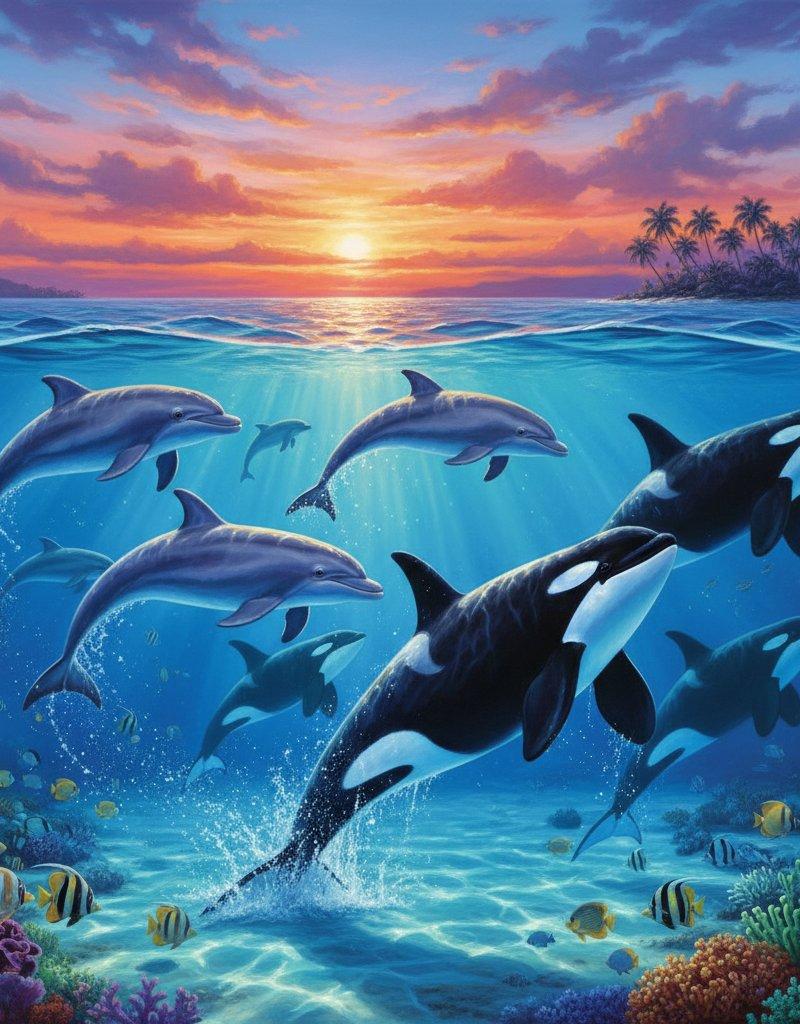 梦幻星海中的海豚与虎鲸