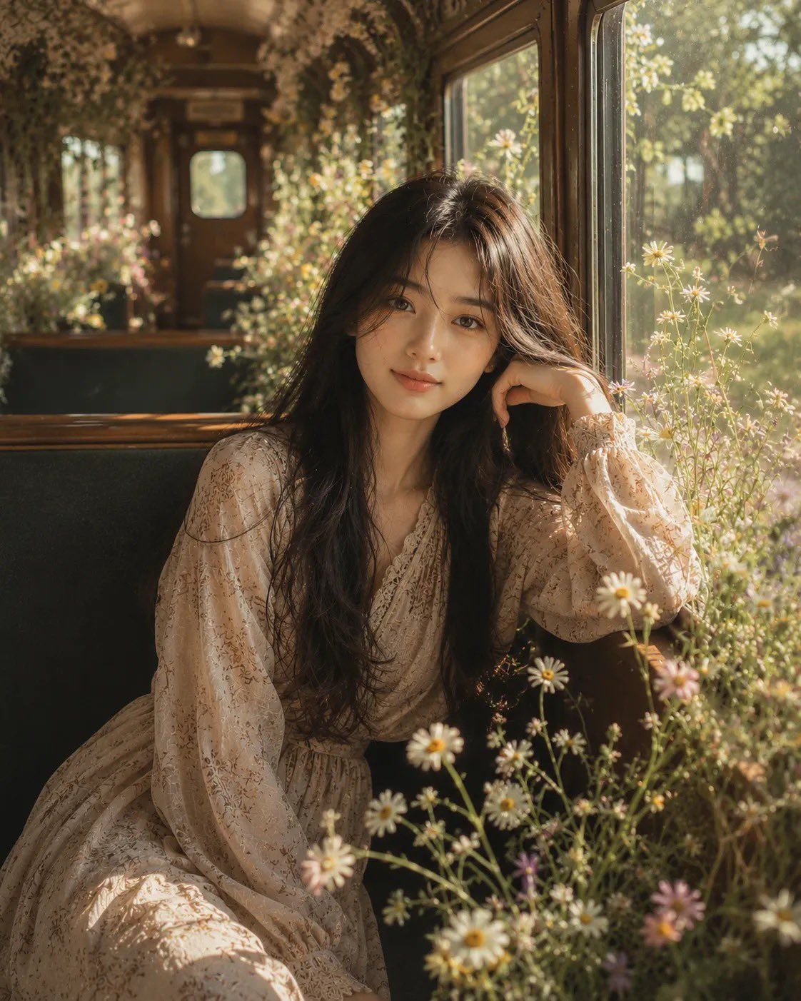 梦幻复古列车花园少女肖像
