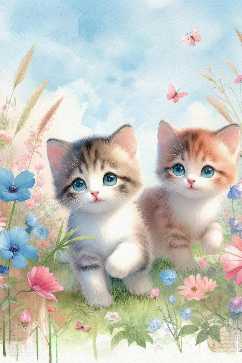 梦幻水彩花丛中的两只蓝眼萌猫漫步