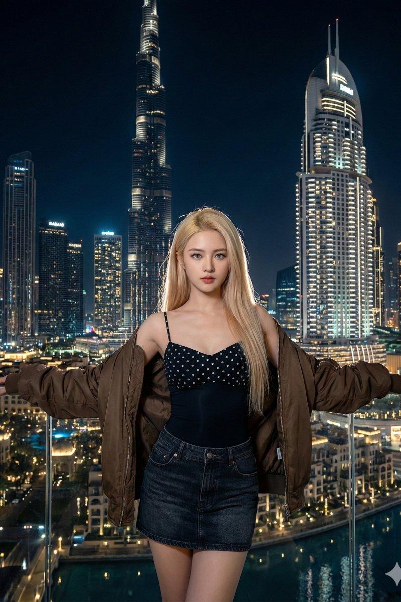 迪拜璀璨夜色中拥抱城市的金发超模