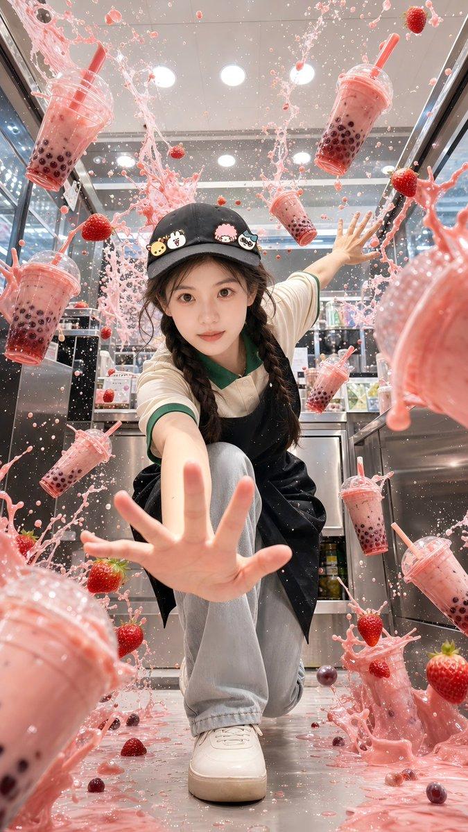 东亚女子奶茶店动感写真
