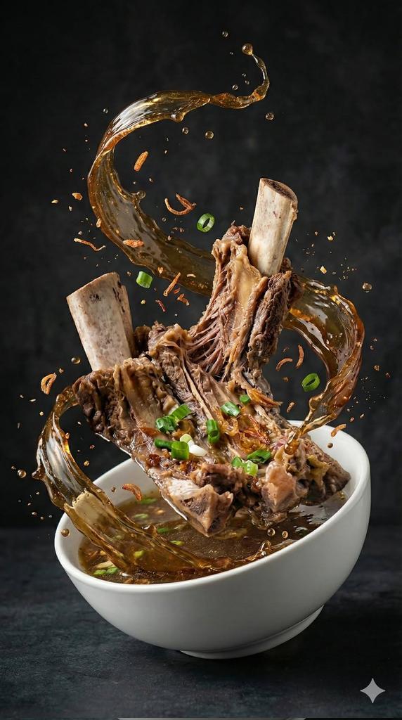 热汤飞溅肉骨悬浮的美食摄影