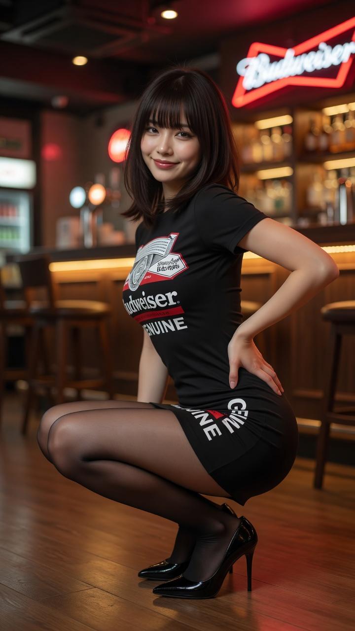 现代酒吧中的百威短裙东亚美女