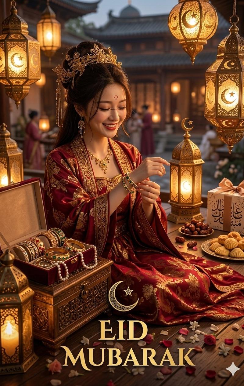 华丽红金丝绸礼服东亚女性开斋节庆典
