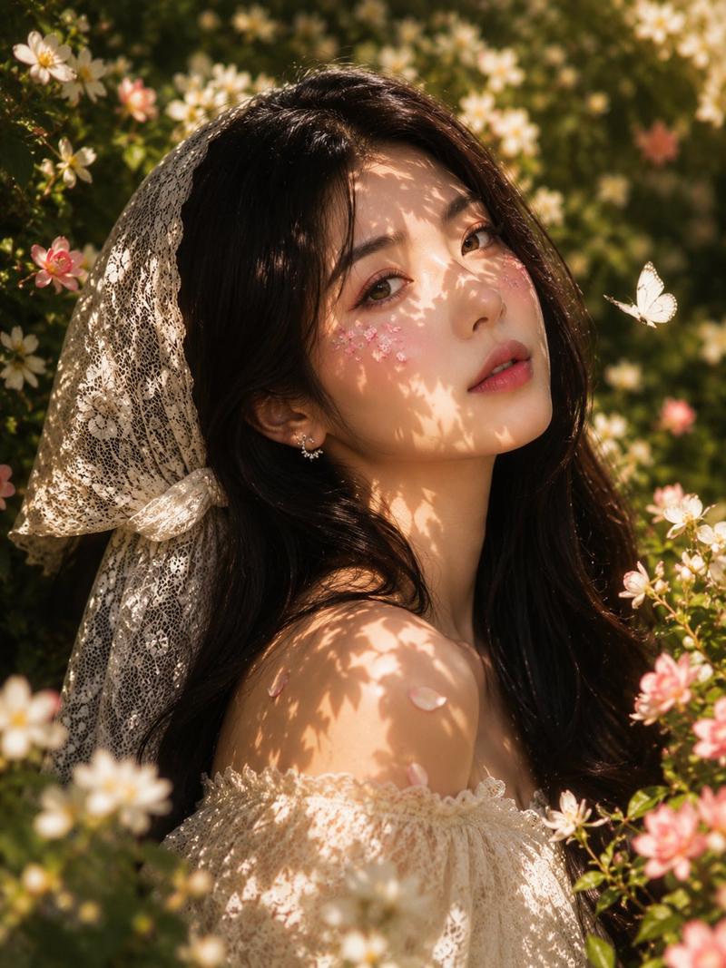 茉莉花丛中的东亚女性蕾丝裙特写