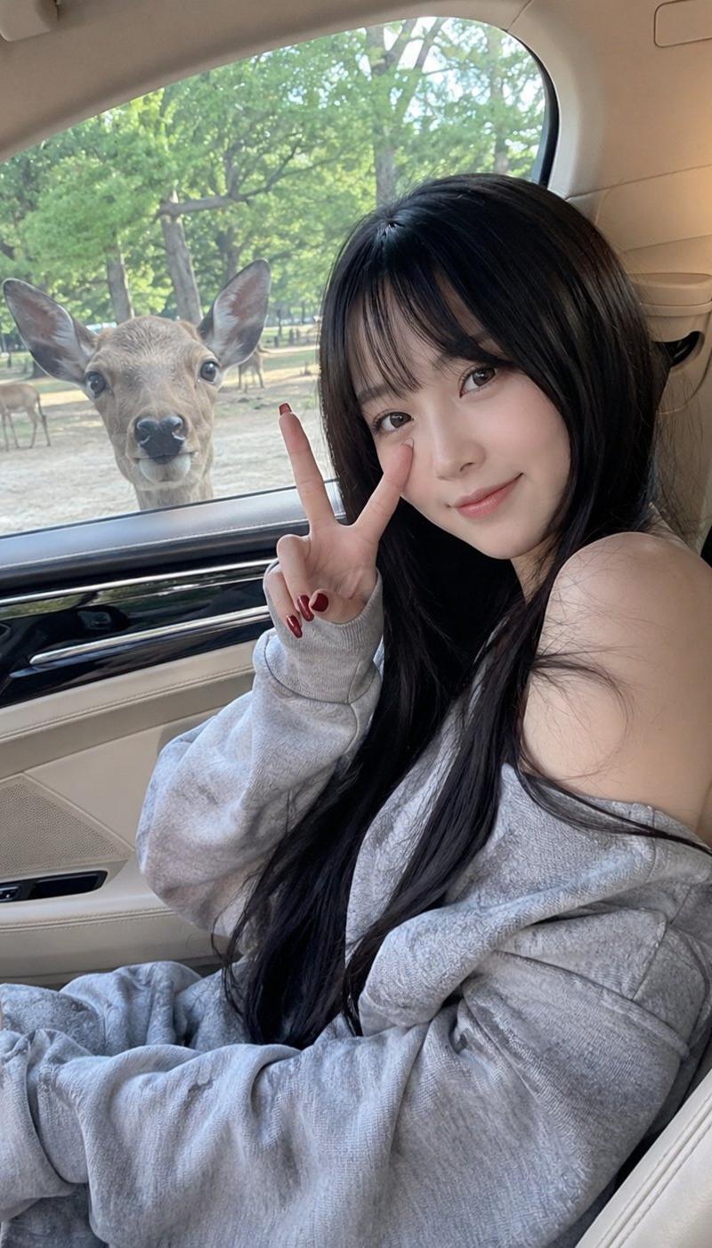 豪车副驾少女与窗外好奇小鹿