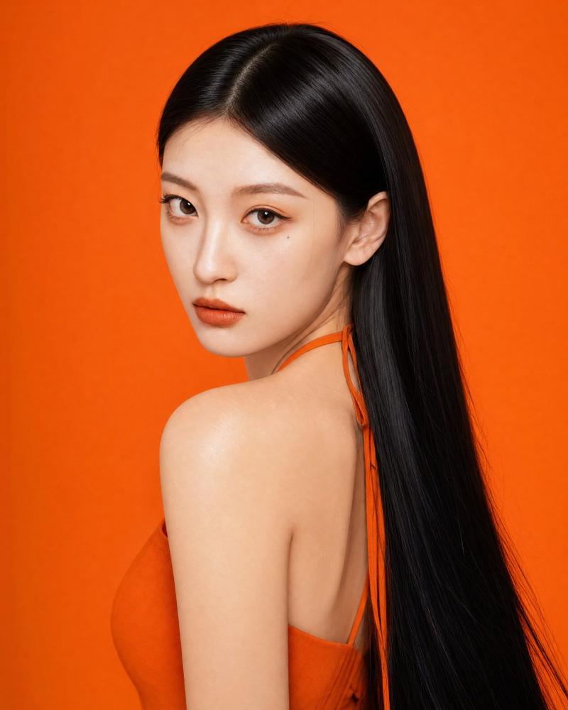 橙色丝绸裙东亚女性特写人像