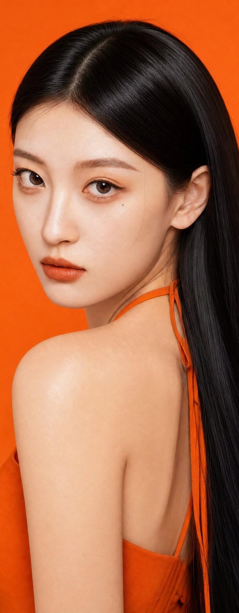 橙色丝绸裙东亚女性特写人像
