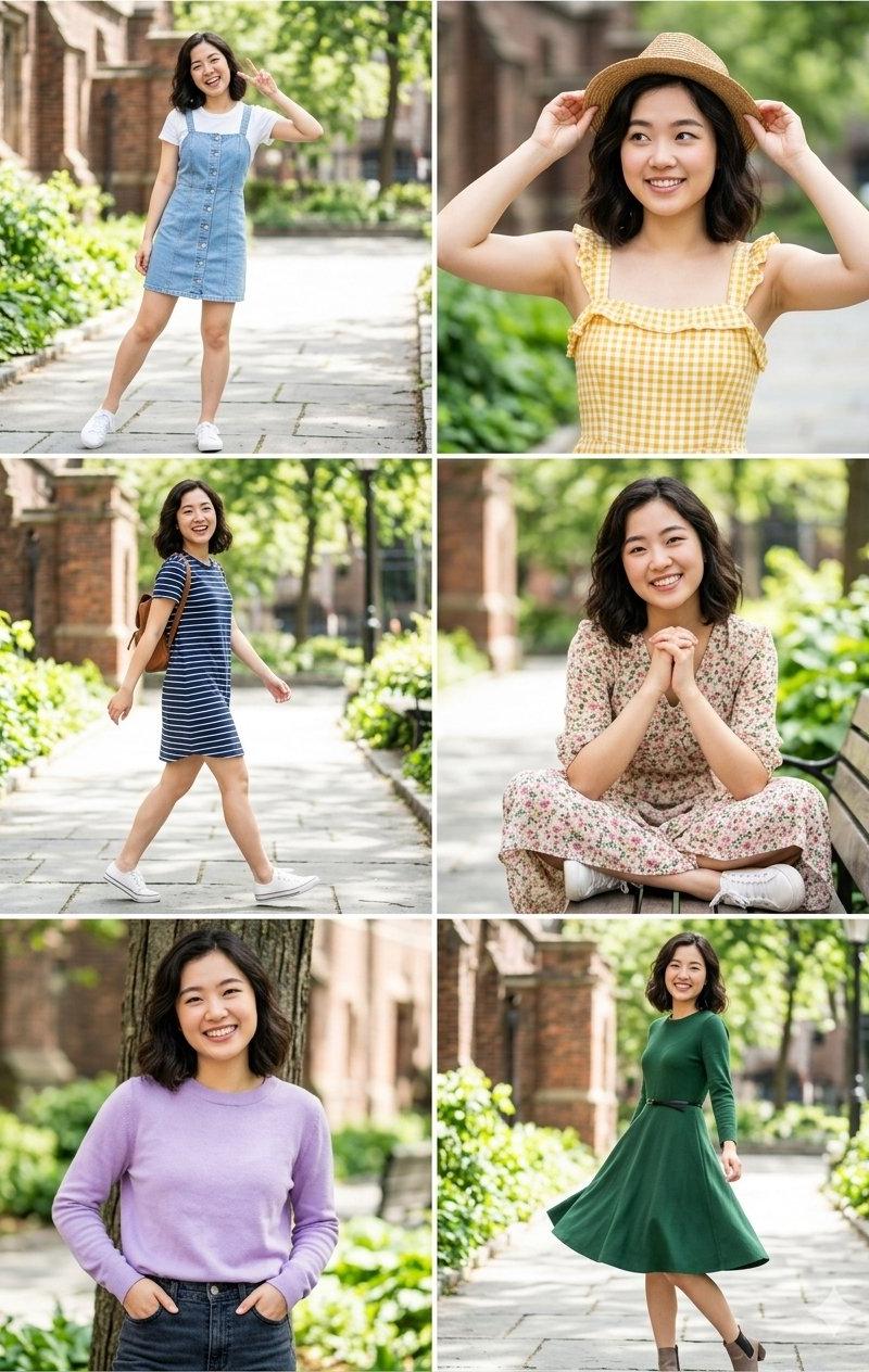 东亚女性户外穿搭六格人像拼贴画